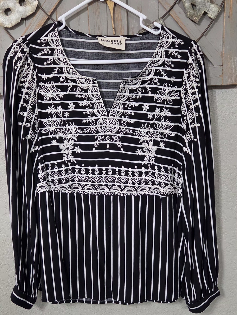 Savanna Jane Women's  Blouse Embroidered Boho Striped Black Size M